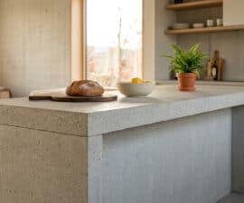 Îlot de cuisine minimaliste en béton brut avec pain et citrons, dans une cuisine ouverte lumineuse.
