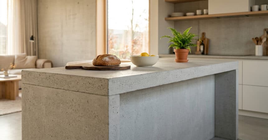 Îlot de cuisine minimaliste en béton brut avec pain et citrons, dans une cuisine ouverte lumineuse.