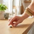 Une personne s'apprête à nettoyer un petit insecte noir sur un comptoir de cuisine avec un spray et une brosse.