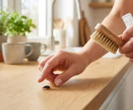 Une personne s'apprête à nettoyer un petit insecte noir sur un comptoir de cuisine avec un spray et une brosse.