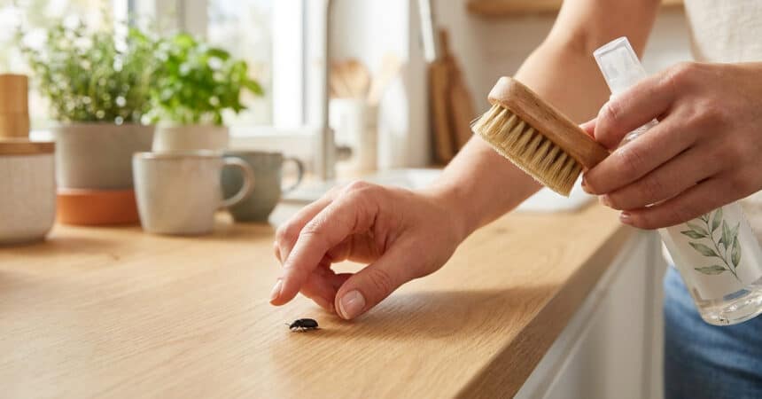 Une personne s'apprête à nettoyer un petit insecte noir sur un comptoir de cuisine avec un spray et une brosse.
