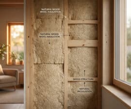 Vue en coupe d'un mur isolé avec de la laine de bois naturelle dans une maison lumineuse.