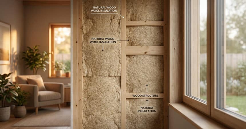 Vue en coupe d'un mur isolé avec de la laine de bois naturelle dans une maison lumineuse.