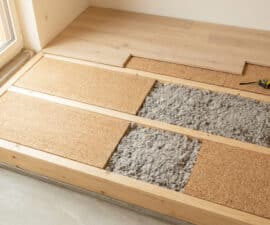 Installation d'un parquet sur des panneaux isolants en liège et de la ouate de cellulose entre des lambourdes en bois.