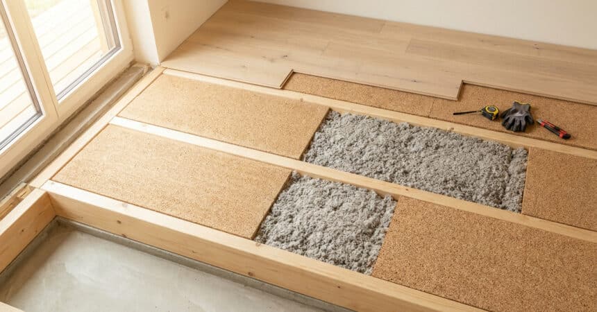 Installation d'un parquet sur des panneaux isolants en liège et de la ouate de cellulose entre des lambourdes en bois.