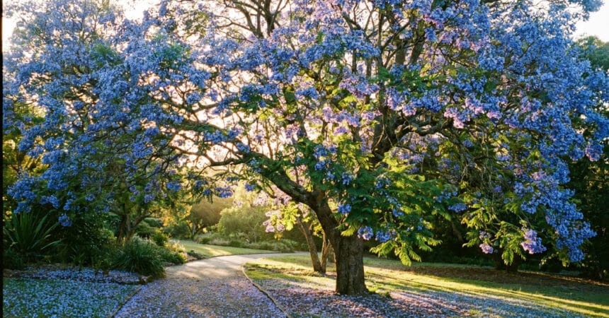 Un jacaranda en pleine floraison bleue au-dessus d'une allée de jardin baignée par la lumière du soleil.