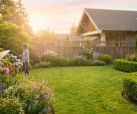 Une femme arrose ses fleurs dans un jardin verdoyant au coucher du soleil avec des maisons en arrière-plan.