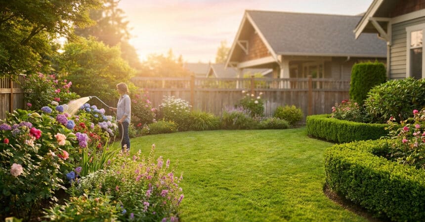 Une femme arrose ses fleurs dans un jardin verdoyant au coucher du soleil avec des maisons en arrière-plan.