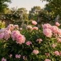Gros plan sur de magnifiques pivoines roses épanouies dans un jardin ensoleillé avec des murs en pierre en arrière-plan.