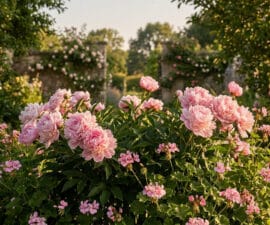 Gros plan sur de magnifiques pivoines roses épanouies dans un jardin ensoleillé avec des murs en pierre en arrière-plan.