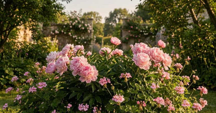 Gros plan sur de magnifiques pivoines roses épanouies dans un jardin ensoleillé avec des murs en pierre en arrière-plan.