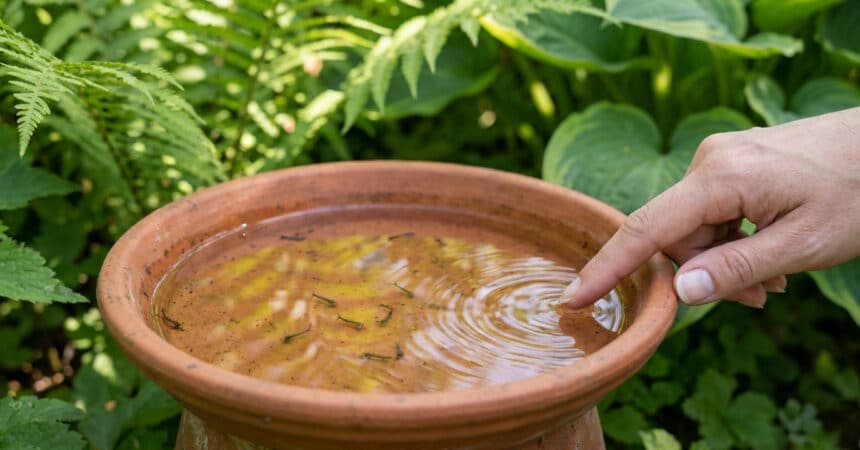 Une main touche l'eau d'un pot en terre cuite rempli de larves de moustiques dans un jardin verdoyant.