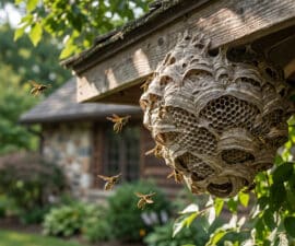 Un grand nid de guêpes en papier gris accroché sous la charpente en bois d'une maison avec des guêpes qui volent autour.
