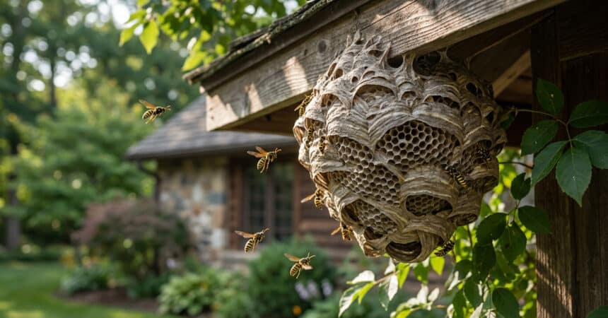 Un grand nid de guêpes en papier gris accroché sous la charpente en bois d'une maison avec des guêpes qui volent autour.