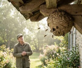 Un homme observe avec prudence un nid de guêpes fixé sous une poutre en bois près d'un jardin ensoleillé.