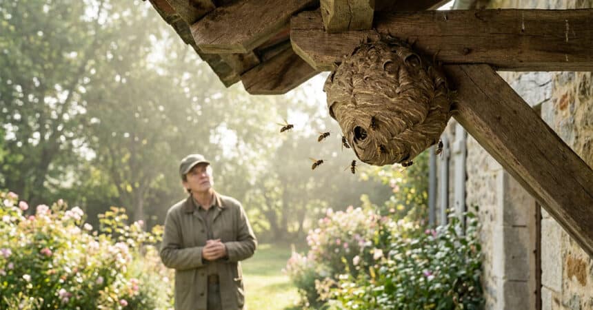Un homme observe avec prudence un nid de guêpes fixé sous une poutre en bois près d'un jardin ensoleillé.
