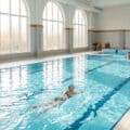 Piscine intérieure lumineuse avec des nageurs, une personne qui nage et un homme assis au bord du bassin.