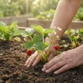 Mains d'un jardinier plantant un fraisier en fleurs avec des fruits dans un potager ensoleillé.