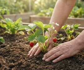 Mains d'un jardinier plantant un fraisier en fleurs avec des fruits dans un potager ensoleillé.