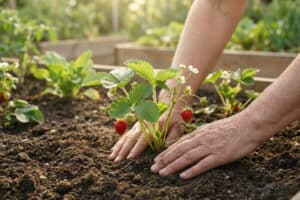 Mains d'un jardinier plantant un fraisier en fleurs avec des fruits dans un potager ensoleillé.