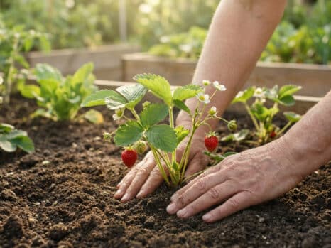 Mains d'un jardinier plantant un fraisier en fleurs avec des fruits dans un potager ensoleillé.