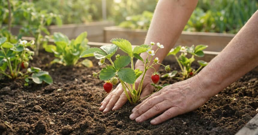 Mains d'un jardinier plantant un fraisier en fleurs avec des fruits dans un potager ensoleillé.