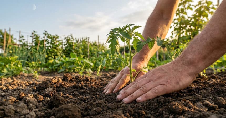 Mains d'un jardinier plantant un jeune plant de tomate dans un potager sous une lune visible en plein jour.