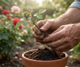 Mains de jardinier terreuses plantant une jeune bouture de rosier dans un pot en terre cuite au milieu d'un jardin fleuri.