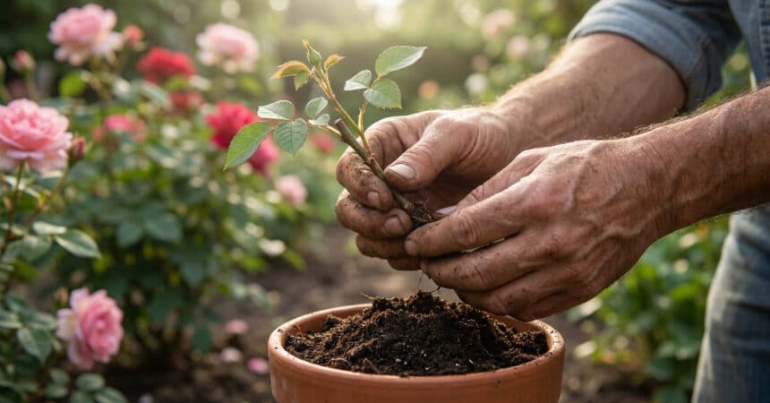 Mains de jardinier terreuses plantant une jeune bouture de rosier dans un pot en terre cuite au milieu d'un jardin fleuri.