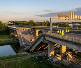 Une section de pont autoroutier effondrée dans un canal avec des inspecteurs en gilets de sécurité sur place.