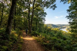 Un randonneur avec sac à dos et bâtons marche sur un sentier forestier surplombant une vallée verdoyante et une rivière.