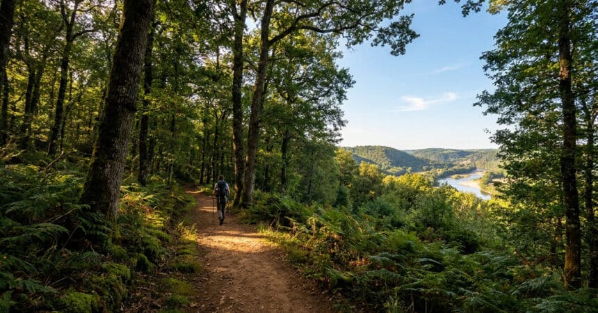 Un randonneur avec sac à dos et bâtons marche sur un sentier forestier surplombant une vallée verdoyante et une rivière.