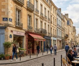 Rue pavée avec commerces, passants et terrasse de café dans une ville historique française.