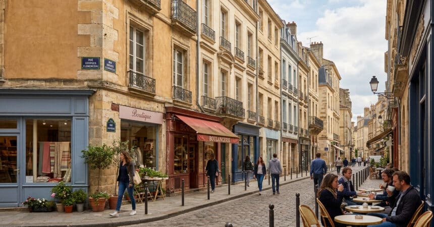 Rue pavée avec commerces, passants et terrasse de café dans une ville historique française.