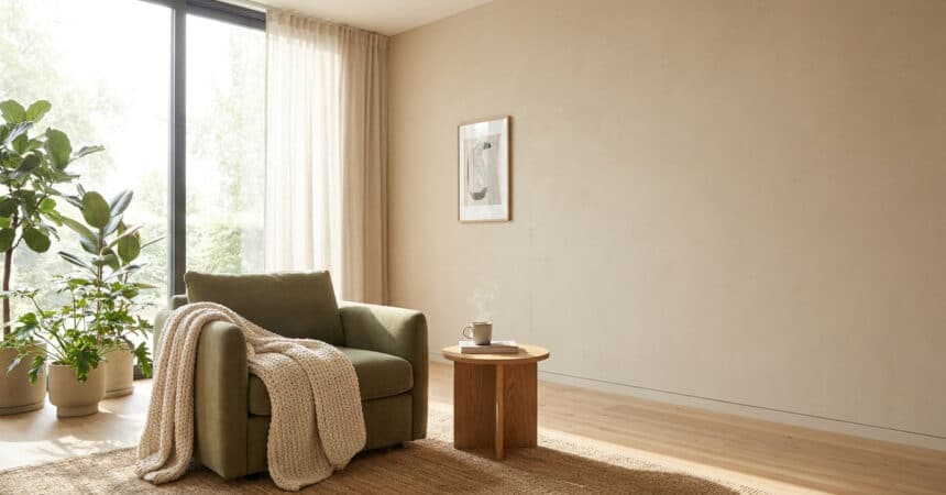 Un fauteuil vert confortable avec un plaid près d'une fenêtre et une tasse fumante, évoquant un intérieur douillet.
