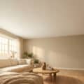 Salon moderne aux tons beiges avec un plafond lisse et lumineux, une grande fenêtre et un canapé confortable.