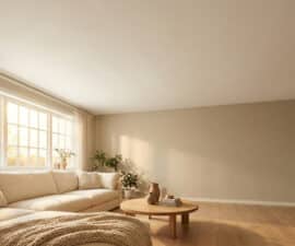 Salon moderne aux tons beiges avec un plafond lisse et lumineux, une grande fenêtre et un canapé confortable.