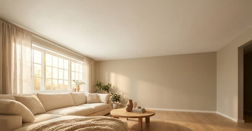 Salon moderne aux tons beiges avec un plafond lisse et lumineux, une grande fenêtre et un canapé confortable.