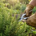 Un jardinier portant des gants en cuir utilise un sécateur pour tailler un buisson de romarin dans un potager.