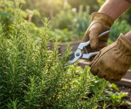 Un jardinier portant des gants en cuir utilise un sécateur pour tailler un buisson de romarin dans un potager.
