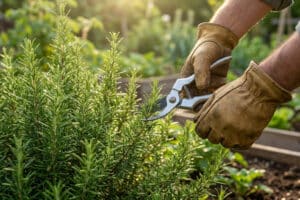 Un jardinier portant des gants en cuir utilise un sécateur pour tailler un buisson de romarin dans un potager.