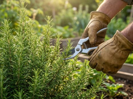 Un jardinier portant des gants en cuir utilise un sécateur pour tailler un buisson de romarin dans un potager.