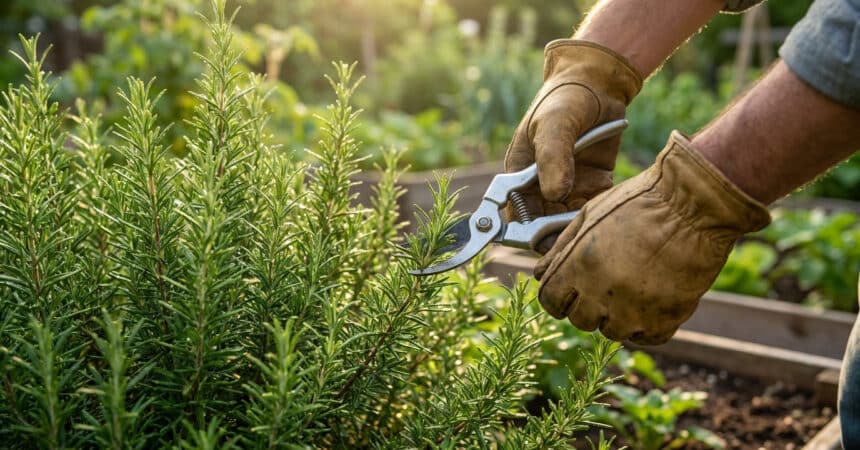 Un jardinier portant des gants en cuir utilise un sécateur pour tailler un buisson de romarin dans un potager.