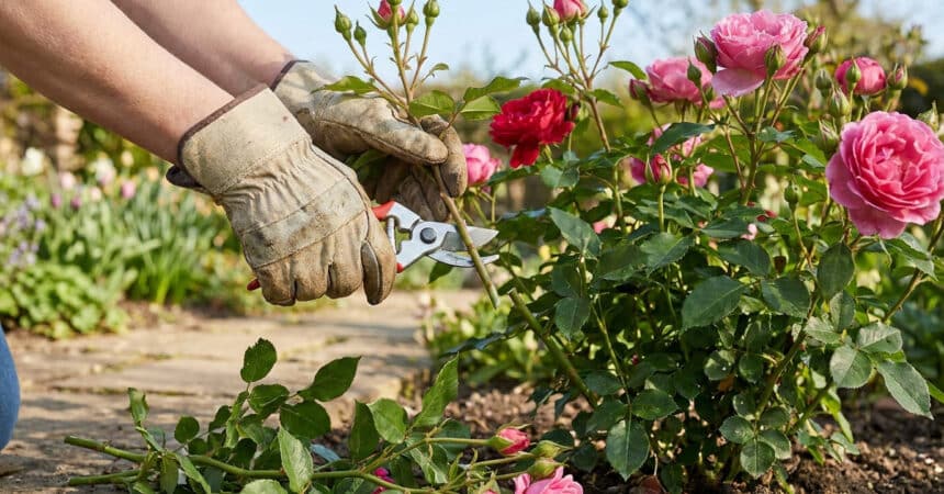 Un jardinier avec des gants de protection taille un rosier fleuri avec un sécateur dans un jardin ensoleillé.