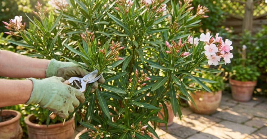 Mains avec des gants de jardinage utilisant un sécateur pour tailler un laurier-rose en pot.