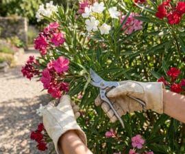 Mains avec gants de jardinage taillant un laurier-rose en fleurs dans un jardin ensoleillé.