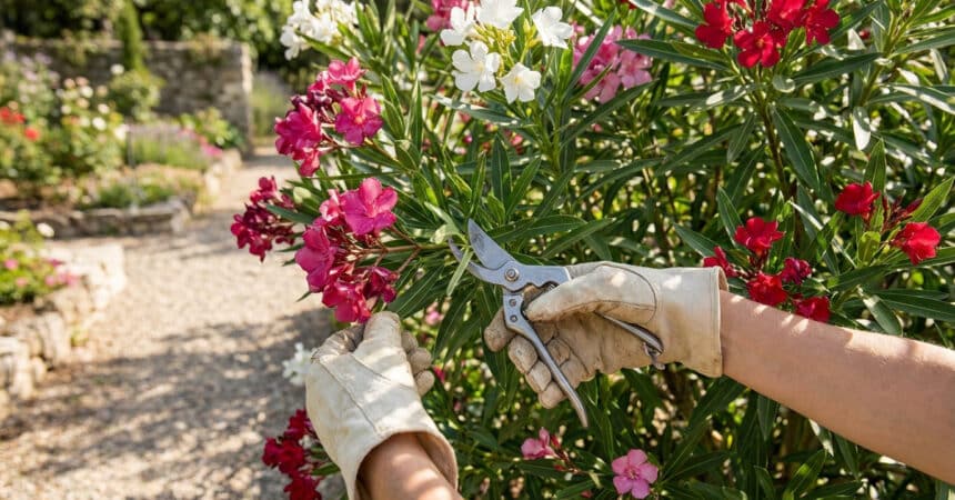 Mains avec gants de jardinage taillant un laurier-rose en fleurs dans un jardin ensoleillé.