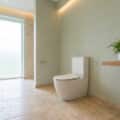 WC moderne dans une salle de bain lumineuse aux murs vert sauge et sol en pierre beige.