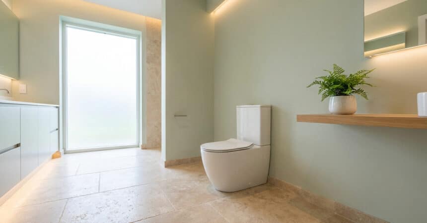 WC moderne dans une salle de bain lumineuse aux murs vert sauge et sol en pierre beige.