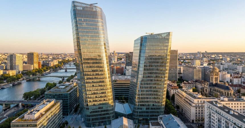 Vue aérienne panoramique des Tours Duo en verre asymétriques dominant les bords de Seine à Paris au coucher du soleil.